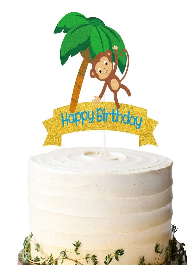 LILIPARTY Glitter Monkey Happy Birthday Cake Topper, Monkey Birthday Cake Decor, Safari Jungle Themed Birthday Party Supplies, Zoo Animals Centerpiece - Image 1
